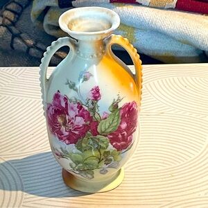 Vintage Shabby Chic style floral painted bud vase 8”h